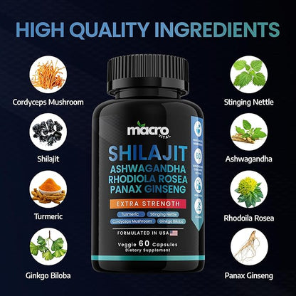 Pure Himalayan Shilajit for Men and Women 8-in-1 Supplement, Organic Himalayan Shilajit Capsules with Ashwaganda, Rhodiola Rosea and Panax Ginseng for Energy-Stamina- 60 Veggie Capsules