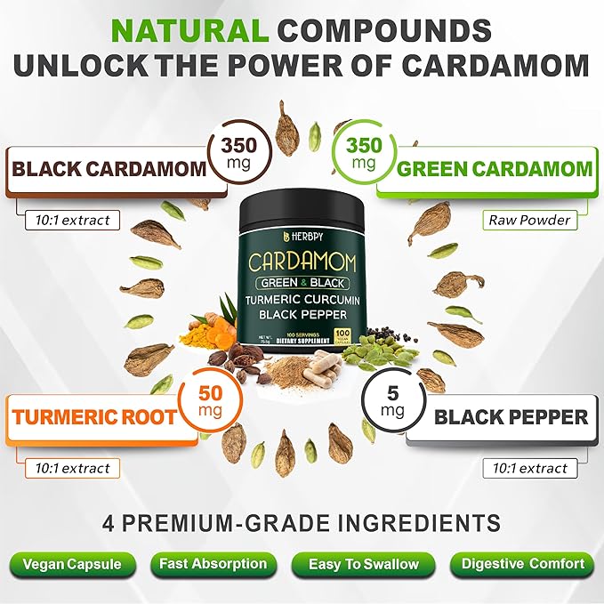Bundle 5in1 Ginger Supplement 100 Count & 4in1 Cardamom Supplement 100 Count - Support Digestion, Heart Health and Natural Wellness