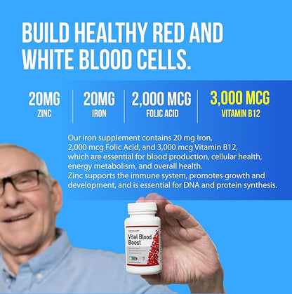 Vital Blood Boost - Dietary Supplement for White and Red Blood Cell Support - Iron with Selenium, Zinc, Vitamin B12 & Folic Acid - 90 Tablets x 4 Bottles, 360 Day Supply