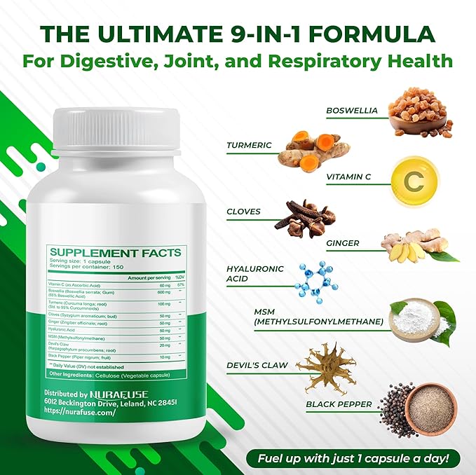 Boswellia with Cloves, Ginger, Turmeric, Vitamin C, Hyaluronic Acid, MSM, Devil's Claw – Supports Joint Health, Digestive Wellness* & Nutrient Absorption* – Made in The USA