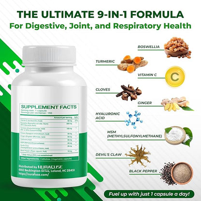 Boswellia with Cloves, Ginger, Turmeric, Vitamin C, Hyaluronic Acid, MSM, Devil's Claw – Supports Joint Health, Digestive Wellness* & Nutrient Absorption* – Made in The USA