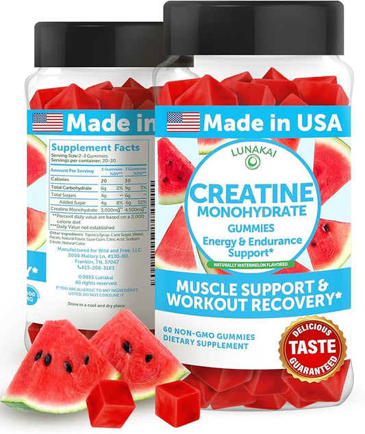 Lunakai USA Made Creatine Monohydrate Gummies for Women & Men – Vegan Creatine Gummies for Muscle & Recovery Support – Pre Workout Supplement, 60ct