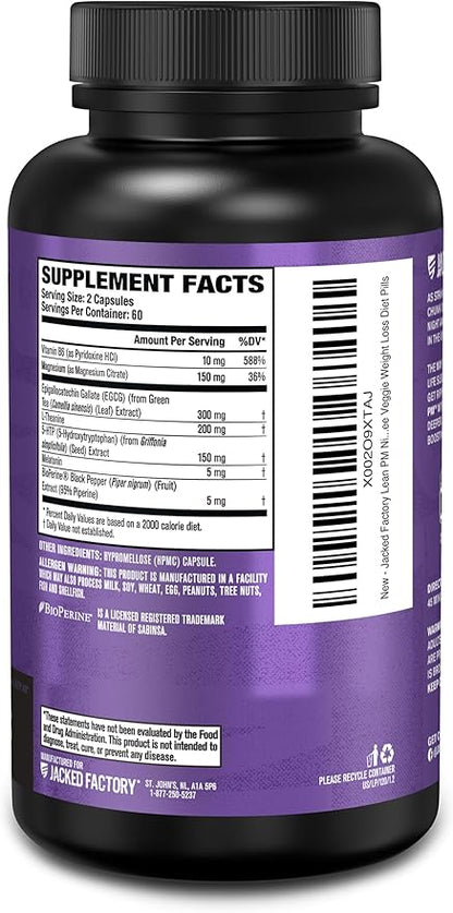Jacked Factory Lean PM Night Time Fat Burner, Sleep Aid Supplement, & Appetite Suppressant for Men and Women - 120 Stimulant-Free Veggie Weight Loss Diet Pills