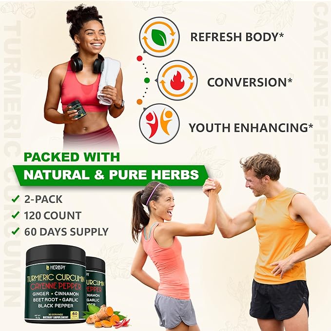 7in1 Turmeric and Cayenne Pepper Supplement - Digestion, Immune, Brain & Heart Health Support with Ceylon, Ginger, Garlic, Beetroot - 2Pack60