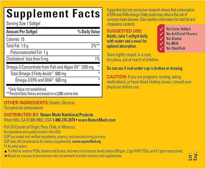 Nature Made Omega 3 Fish Oil and Algae Oil Supplements, 1200mg, Omega 3 Supplement for Heart, Brain and Eyes Support, One Per Day, 60 Softgels