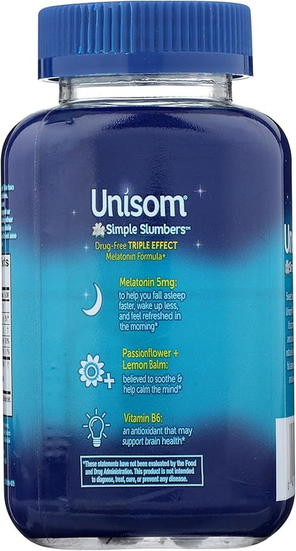 Unisom Simple Slumbers Drug Free Sleep Aid Gummies Melatonin 5mg Midnight Raspberry, Purple, 60 Count