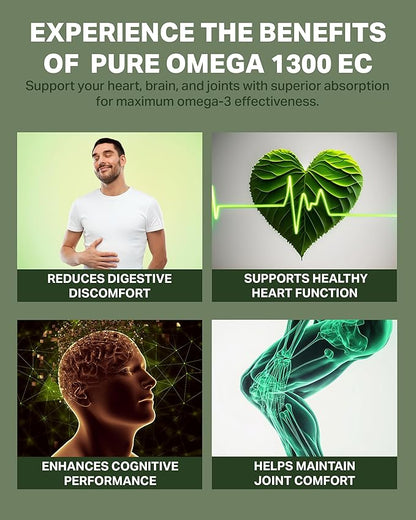 Omega 1300 EC Fish Oil Softgels - High-Strength Omega 3 Supplement with Enhanced Absorption - IFOS Verified, Enteric Coated, 600mg EPA, 260mg DHA - 120 Count