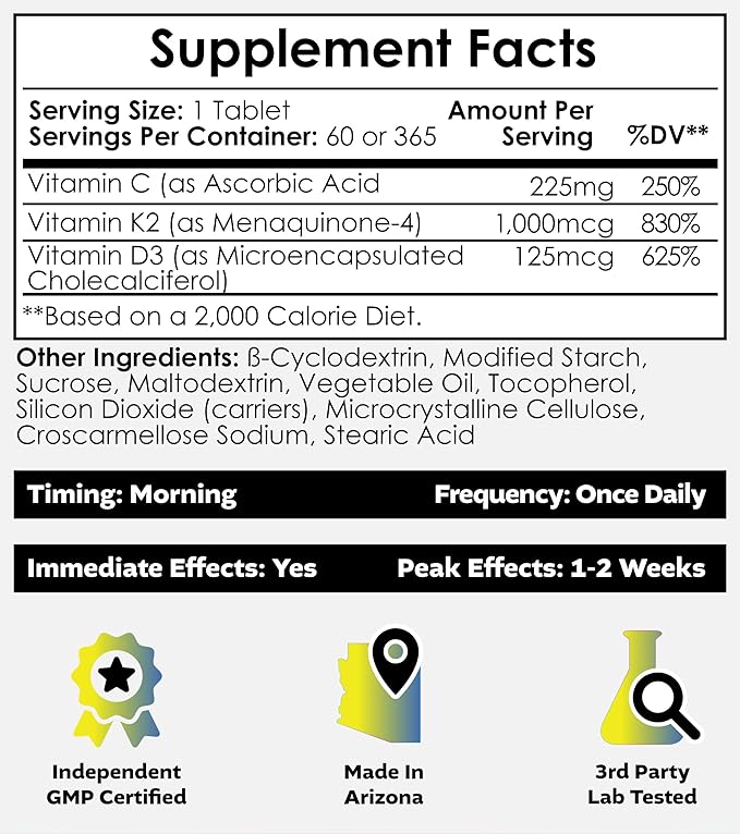 Nootropics Depot Vitamin D3 + K2 with Vitamin C Tablets | 60 Count | Cholecalciferol + Menaquinone-4 (MK-4) | Mood, & Bone Health | Healthy Calcium Absorption