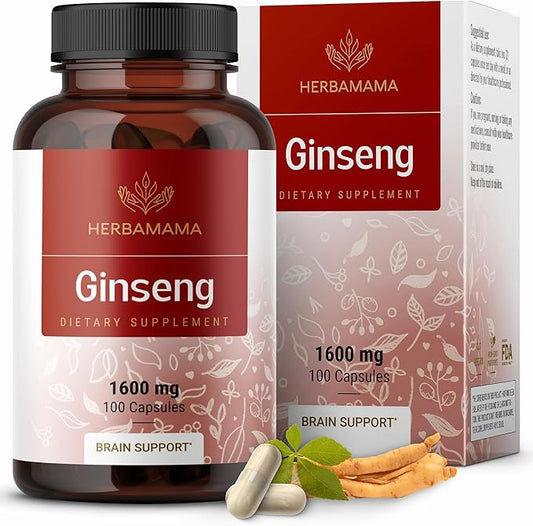 HERBAMAMA Korean Panax Ginseng Capsules - 1600mg Red Ginseng Root for Brain & Energy Support - Vegan, Non-GMO Korean Red Panax Energy Supplement, 100 Caps