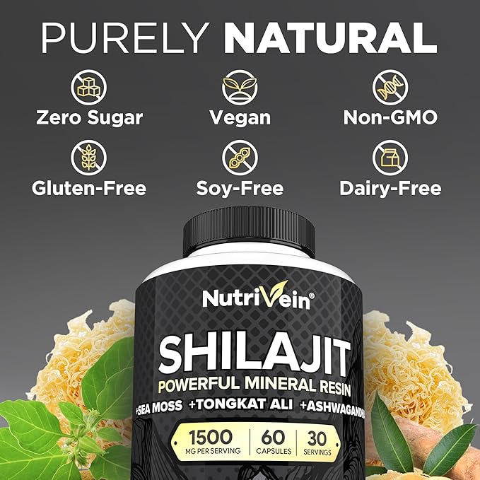 Nutrivein Premium Pure Himalayan Shilajit for Men and Women - 1500 mg - 60 Capsules- Powerful Resin Extract Blended with Irish Sea Moss, Tongkat Ali, & Ashwagandha - Vitality, Clarity, & Performance