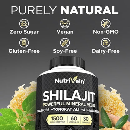 Nutrivein Premium Pure Himalayan Shilajit for Men and Women - 1500 mg - 60 Capsules- Powerful Resin Extract Blended with Irish Sea Moss, Tongkat Ali, & Ashwagandha - Vitality, Clarity, & Performance