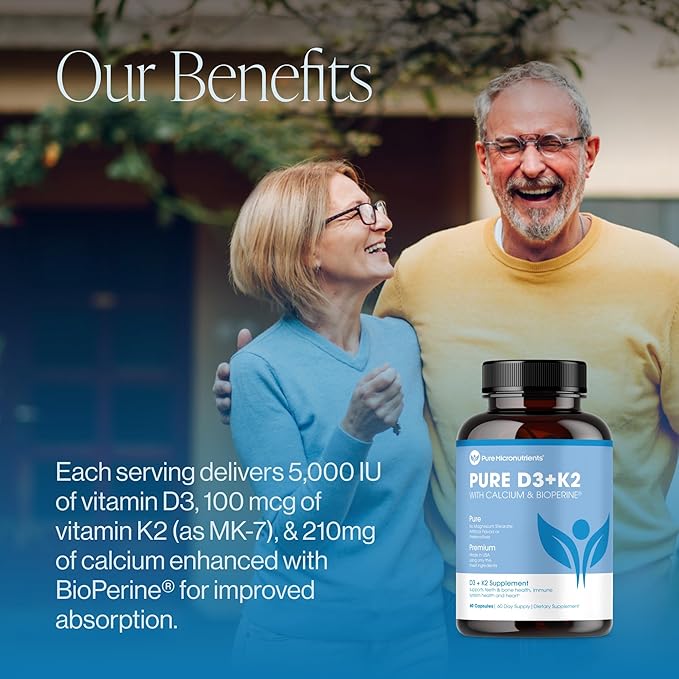 Pure Micronutrients Vitamin D3 K2 Supplement | MK7 100mcg, D3 5000 iu, Calcium + BioPerine | Muscle & Bone Health, Heart, Immunity & Energy Support | Vegan | 60 Capsules