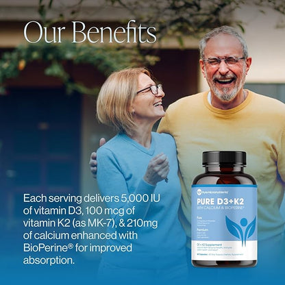 Pure Micronutrients Vitamin D3 K2 Supplement | MK7 100mcg, D3 5000 iu, Calcium + BioPerine | Muscle & Bone Health, Heart, Immunity & Energy Support | Vegan | 60 Capsules