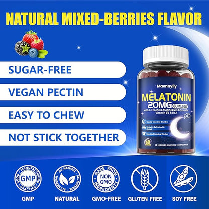 Melatonin 20mg Gummies for Adults - Sugar Free Melatonin Gummies Extra Strength with L-Theanine, Magnesium, Ashwagandha, Turmeric, D3 & Zinc - Non-Habit Forming