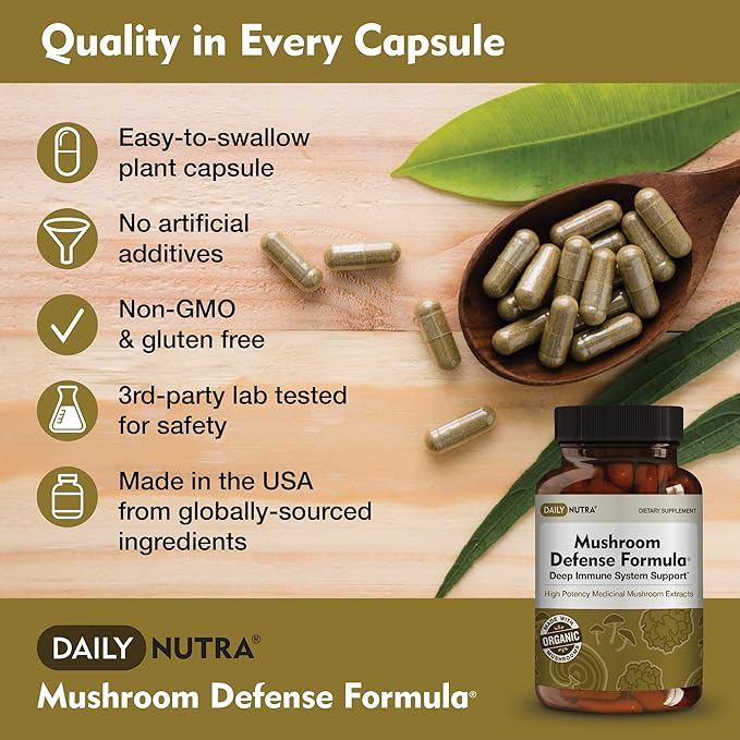Mushroom Defense Formula - Immune Support Supplement | Organic Mushrooms, Hot Water Extracted - Reishi, Chaga, Maitake, Shiitake & Turkey Tail (270 Capsules)