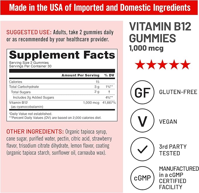 NatureWise Vitamin B12 Gummies for Adults, 1000 mcg - Strawberry Lemon Flavor - Supports Daily Energy, Mental Clarity, Cognitive Function - Vegan, Gluten-Free, Non-GMO - 60 Count[1-Month Supply]