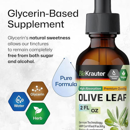 BIO KRAUTER Olive Leaf Extract Liquid - Olive Leaf Tincture for Immune Support - Alcohol and Sugar Free - Vegan Drops 2 Fl.Oz.