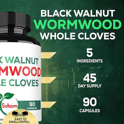 Satoomi 5 in 1 Wormwood Capsules Supplement - with Black Walnut Cloves Turmeric and Berberine HCl - 90 Capsules - Immune System & Digestion Health