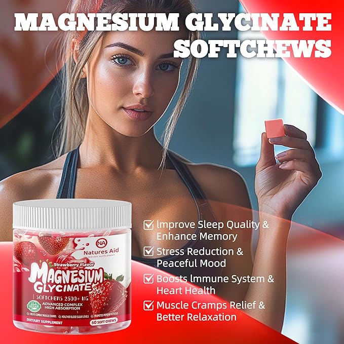 Magnesium Glycinate Soft Chews, Strawberry Flavor.Chewable Sugar Free Potassium Magnesium Chews with Magnesium Glycinate, Vitamin D, B6, and CoQ10 for Calm Support & Sleep for Adults, 60 Days Supply
