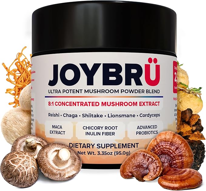 JOYBRÜ Ultra Potent Mushroom Powder Blend, 8:1 Concentrated Extract, Reishi, Chaga, Shiitake, Lion's Mane, Cordyceps, Maca, Probiotics, 3.35oz