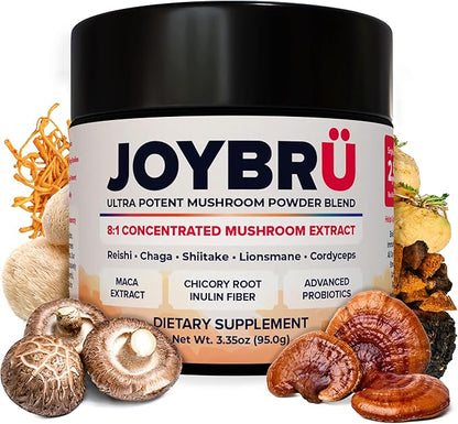 JOYBRÜ Ultra Potent Mushroom Powder Blend, 8:1 Concentrated Extract, Reishi, Chaga, Shiitake, Lion's Mane, Cordyceps, Maca, Probiotics, 3.35oz