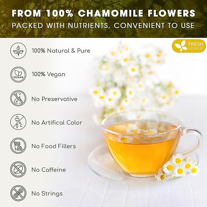 FRESHDRINKUS, Premium 16 Chamomile Tea Bags, 100% Natural and Pure Chamomile Flowers, Eco-conscious Tea Bags. Chamomile Flower Herbal Tea. No Sugar, No Caffeine, No Gluten, Vegan.