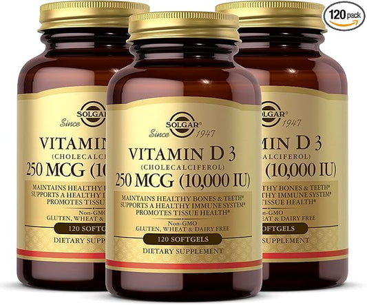 SOLGAR Vitamin D3 (Cholecalciferol) 250 MCG (10,000 IU), 120 Softgels - 3 Pack - Helps Maintain Healthy Bones & Teeth - Immune System Support - Non-GMO, Gluten Free, Dairy Free - 360 Total Servings