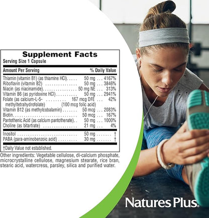 NaturesPlus Super B50-60 Vegetarian Capsules - High Potency B Complex Vitamin Supplement - Brain & Energy Booster - Gluten-Free - 60 Servings
