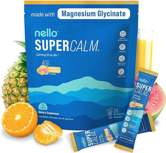 Supercalm Powdered Drink Mix, Tropical Tangerine, L Theanine, Ksm-66 Ashwagandha, Magnesium Glycinate, Vitamin D 3, Supplements for Relaxation & Focus, Natural, No Sugar, Non GMO, 20 Srvg