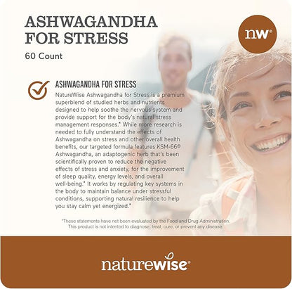 NatureWise Ashwagandha for Stress - With KSM-66 Extract, GABA, L-Theanine, Rhodiola Rosea - Herbal Mood & Sleep Support - Vegan, Non-GMO, Gluten-Free - 60 Capsules[1-Month Supply]