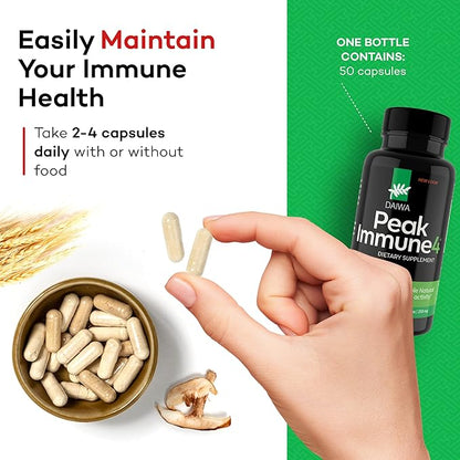 Daiwa PeakImmune4 - Natural Immune Support Supplement with RBAC Rice Bran and Mycelia Extract from Shiitake Mushrooms - Regular Strength