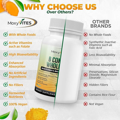 Vitamin B Complex - B Vitamins Whole Food Supplement, B12 Methylcobalamin, B1, B2, B3, B5, B6, B7, B9 - for Stress, Energy and Immune Support, Vegan, 120 Capsules