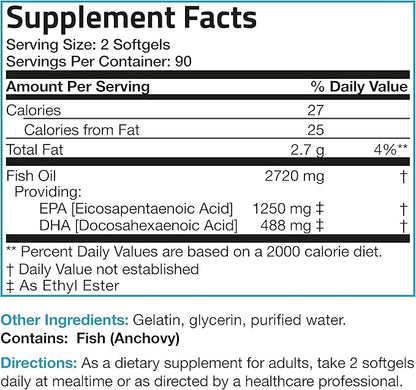 Bronson Omega 3 Fish Oil Triple Strength 2720 mg, High EPA 1250 mg DHA 488 mg, Non-GMO Heavy Metal Tested, 180 Softgels