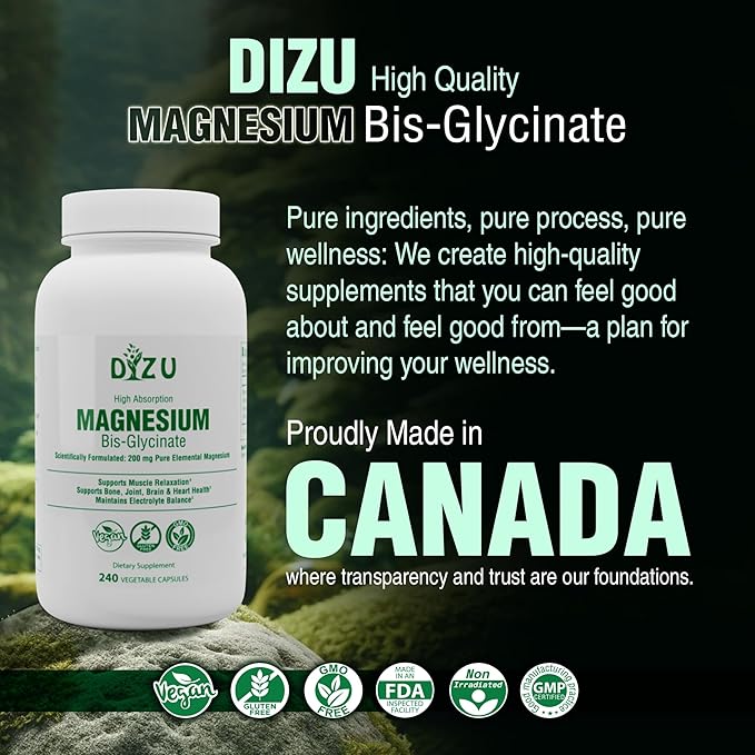 Dizu - Magnesium Bisglycinate 200 mg, Pure Elemental Chelated Complex, Supports Sleep, Muscle, Bone, Heart & Energy Metabolism, with Glycine & Oxide, Vegetable Capsules