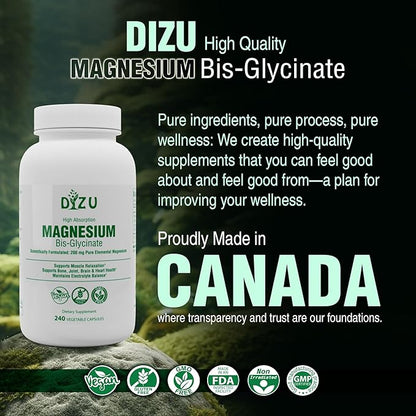 Dizu - Magnesium Bisglycinate 200 mg, Pure Elemental Chelated Complex, Supports Sleep, Muscle, Bone, Heart & Energy Metabolism, with Glycine & Oxide, Vegetable Capsules