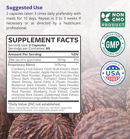 Intestinal Guard (Non-GMO) Maintain Intestinal Health - Potent Natural Formula with Wormwood, Black Walnut, Goldenseal, Pau D'Arco, Clove, Garlic, More - All In One Supplement -120 Capsules (No Pills)