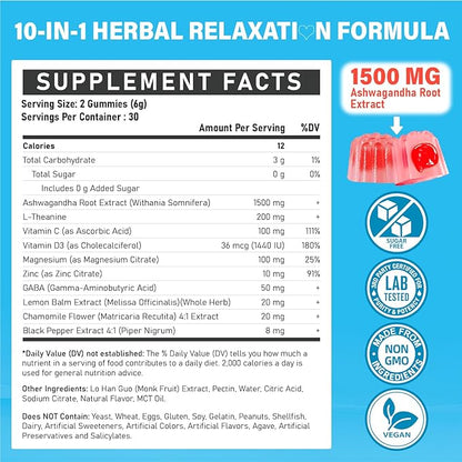 Ashwagandha Gummies 1500mg for Women & Men: Ashwagandha Supplement Gummy with Lemon Balm, Chamomile, Magnesium, Black Pepper for Ultra Absorption - Vegan, Non-GMO & Sugar Free, Strawberry Flavor