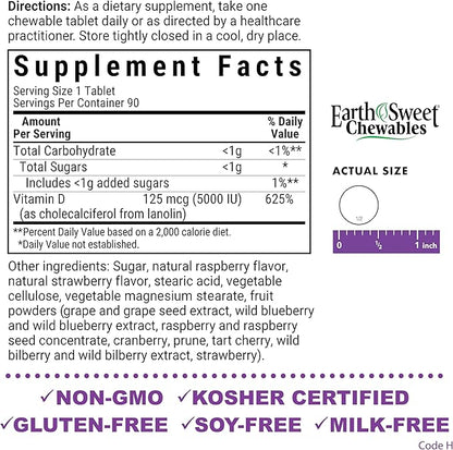 Bluebonnet Nutrition Earth Sweet Vitamin D3 5000 IU Chewable Tablets, Aids in Muscle & Skeletal Growth, Non GMO, Gluten & Soy & Milk Free, Kosher, Raspberry, White, 90 Count