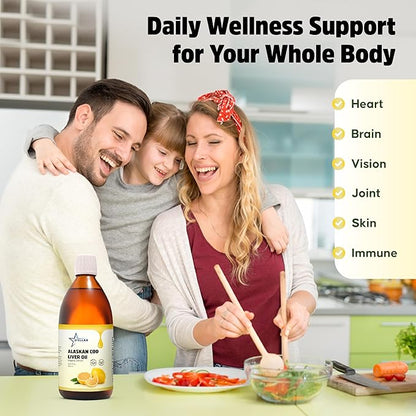Stellar Alaskan Cod Liver Oil - Organic Lemon, 16.67 oz | Wild-Caught in USA | Rich in Omega-3 DHA/EPA & Vitamin D | Non-GMO Certified | Supports Heart, Brain & Immune Health