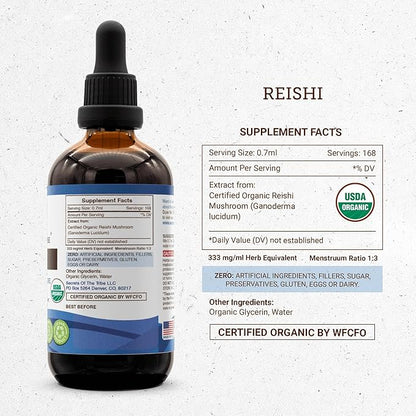 Secrets of the Tribe Reishi USDA Organic | Alcohol-Free Extract, High-Potency Herbal Drops | Made from 100% Certified Organic Reishi Mushroom (Ganoderma Lucidum) (4 oz)