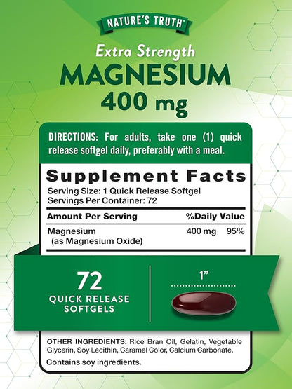 Nature's Truth Magnesium | 400mg | 72 Softgels | Value Size | Extra Strength | from Magnesium Oxide | Non-GMO and Gluten Free Supplement