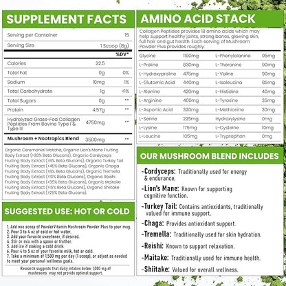 Organic Mushroom Matcha Powder Certified Pesticide-Free Grass-Fed Collagen Types I & III, 8 Fruiting Body Mushrooms Tested for Beta-Glucans Focus Digestion & Immunity 15 Servings