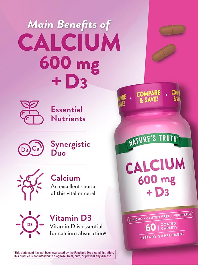 Nature's Truth Calcium 600 mg with Vitamin D3 | Coated Caplets | Calcium Carbonate | Vegetarian, Non-GMO & Gluten Free Supplement