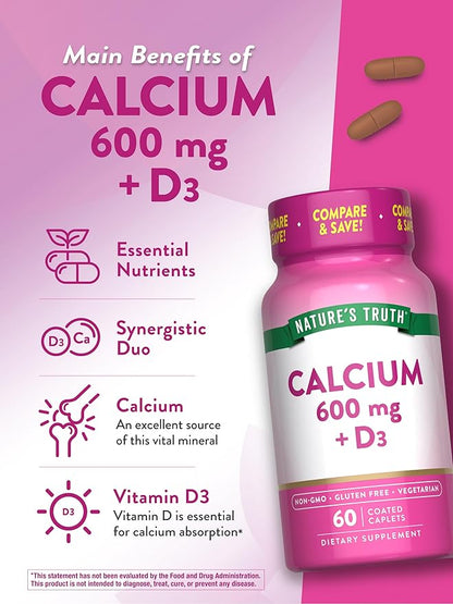 Nature's Truth Calcium 600 mg with Vitamin D3 | Coated Caplets | Calcium Carbonate | Vegetarian, Non-GMO & Gluten Free Supplement