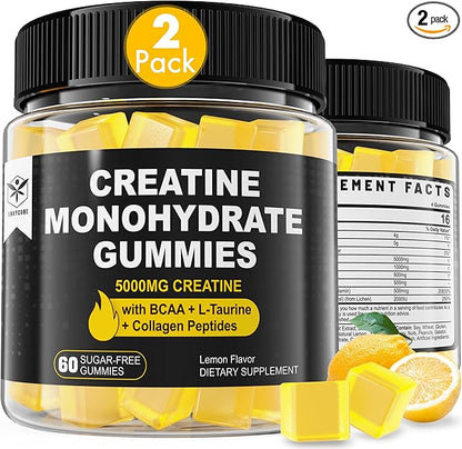 Creatine Monohydrate Gummies for Men & Women - with BCAA, Collagen Peptides, L-Taurine, Vitamin B12, D3, Chewables Creatine Monohydrate 5g Per Serving, Natural Lemon Flavor, Sugar Free, 2 Pack