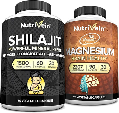 Nutrivein Premium Shilajit Capsules and Magnesium L-Threonate Bundle: Powerful Shilajit for Women and Men + Magnesium Threonate Supplement Pair for Performance, Endurance, Vitality, & Recovery