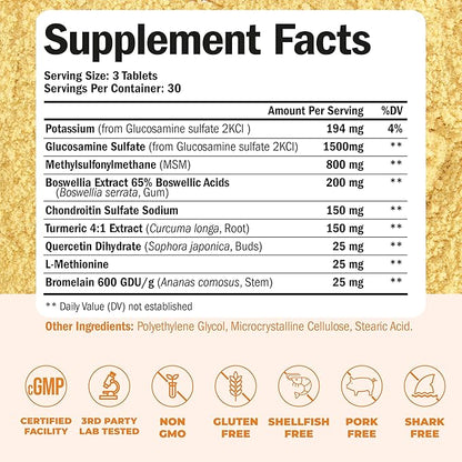 Glucosamine Chondroitin MSM and Turmeric Supplement - Joint Support Supplement for Women & Men with Boswellia & Glucosamine Sulfate 1500 mg. Used for Cartilage & Joint Health & Flexibility 90 Tablets