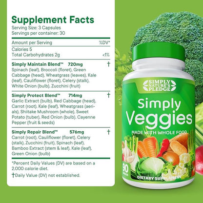 Simply Nature's Pledge - 90 Veggie Capsules- 2 Month Supply - Made with Whole Food Superfoods, Packed with Beta Carotene & 18 Different Vegetables - 100% Soy Free