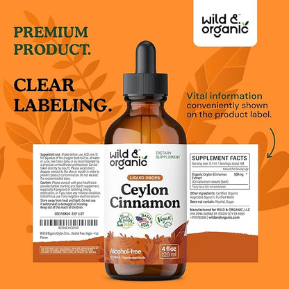 Wild & Organic Ceylon Cinnamon Tincture 500 mg - Liquid Cinnamon Supplements for Overall Support - Cinnamomum Verum Bark Extract - Vegan, Sugar & Alcohol-Free, Non-GMO - 4 fl oz