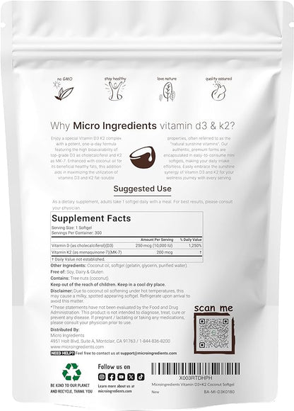 Micro Ingredients Vitamin D3 10000 iu + K2 200 mcg Coconut Oil Softgels & Organic Collagen Peptides Powder Bundle 2 Pack | Essential Sunshine Vitamins | Hydrolyzed Type I & III Bovine Collagen